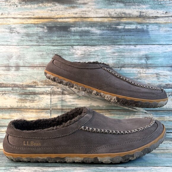 LL Bean Mountain Slippers Mens 11 Stain Resistant Gray Suede Fleece Lined Scuffs main image 4